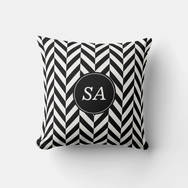 Monogrammed Modern Black & White Chevron Design Throw Pillow (Front)