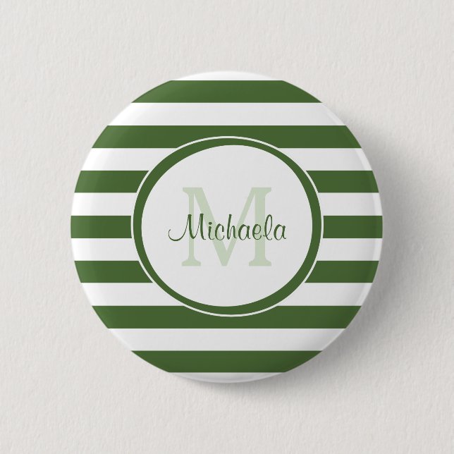 Monogrammed Modern Broad Forest Green Stripes 2 Inch Round Button (Front)