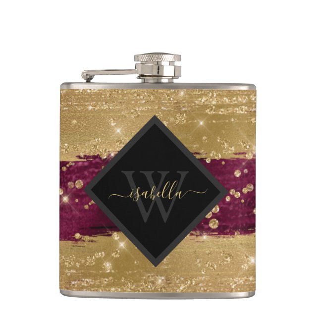 Monogrammed Modern Burgundy Gold Script Hip Flask (Front)