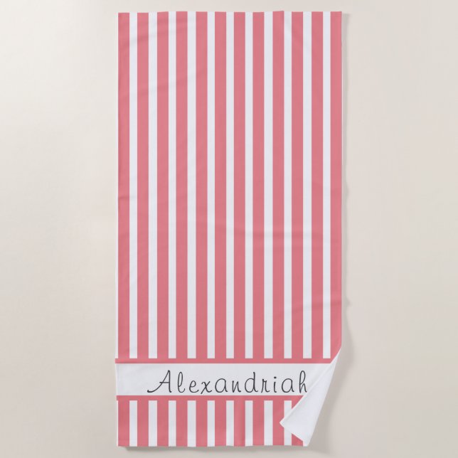 Monogrammed Modern Coral Pink White stripes Beach Towel (Front)