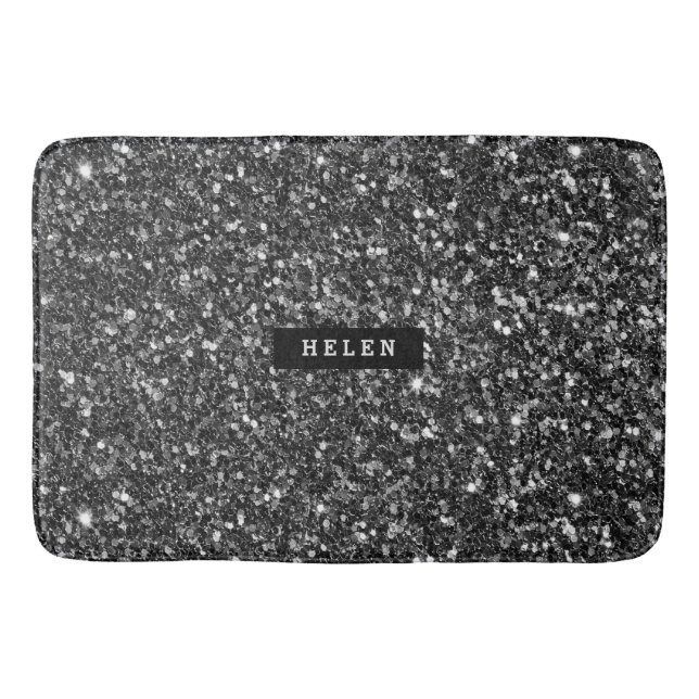 Monogrammed Modern Faux Black Glitter Bath Mat (Front)