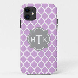 Monogrammed Modern Grey and Lilac Lattice Pattern iPhone 11 Case