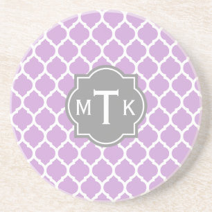 Monogrammed Modern Grey and Lilac Lattice Pattern Coaster