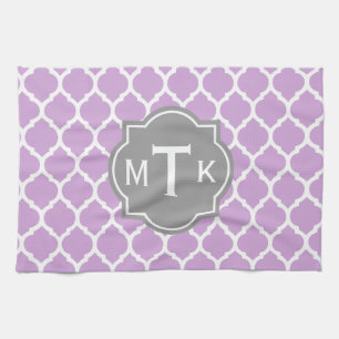 Monogrammed Modern Grey and Lilac Lattice Pattern Kitchen Towel