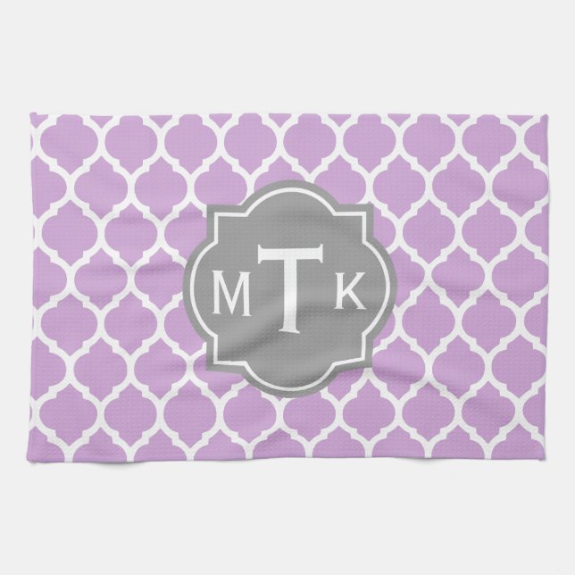 Monogrammed Modern Grey and Lilac Lattice Pattern Kitchen Towel (Horizontal)