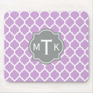 Monogrammed Modern Grey and Lilac Lattice Pattern Mouse Pad