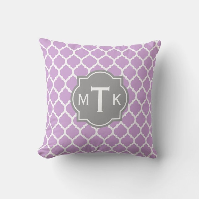 Monogrammed Modern Grey and Lilac Lattice Pattern Throw Pillow (Front)
