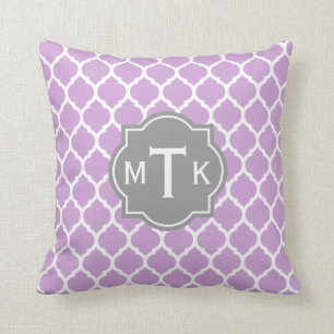 Monogrammed Modern Grey and Lilac Lattice Pattern Throw Pillow