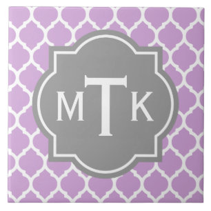 Monogrammed Modern Grey and Lilac Lattice Pattern Tile