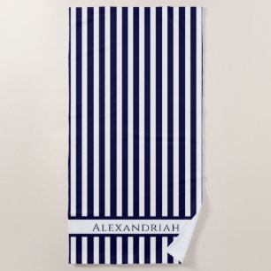 Monogrammed Modern Navy Blue White stripes Beach Towel