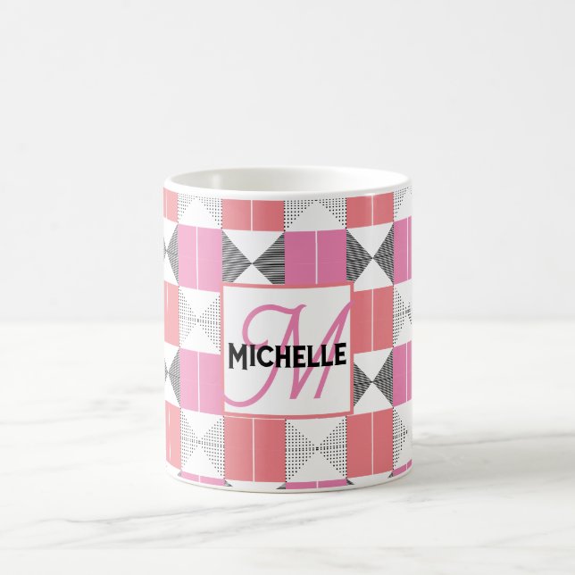 MOnogrammed Modern Pink & Black geometric pattern Coffee Mug (Center)