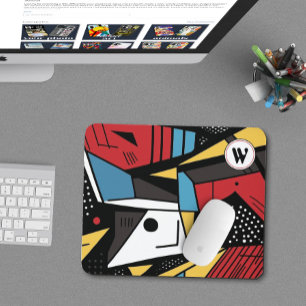 Monogrammed Modern Red & Black Geometric Abstract Mouse Pad