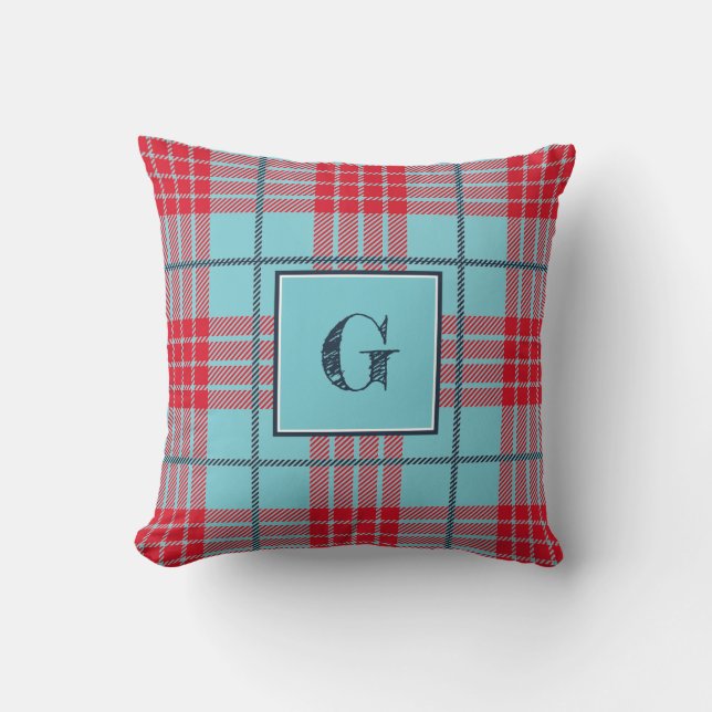 Monogrammed Modern Red Turquoise Plaid Check Throw Pillow (Front)