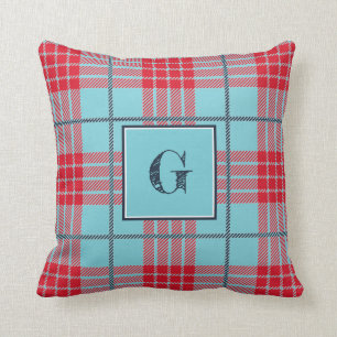 Monogrammed Modern Red Turquoise Plaid Check Throw Pillow