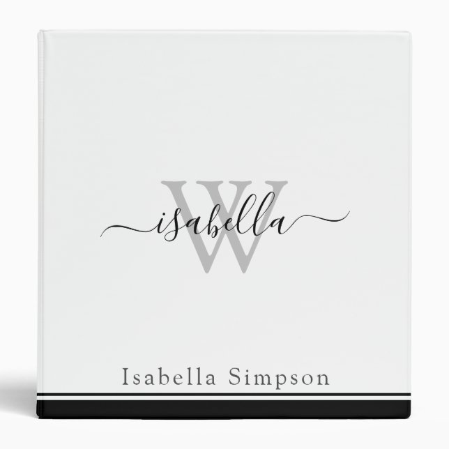 Monogrammed Modern Script Black and White Binder (Front)