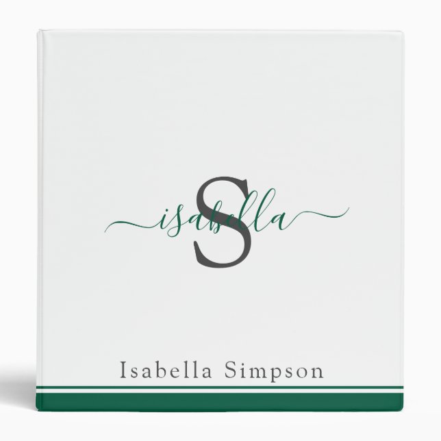 Monogrammed Modern Script Emerald Green  Binder (Front)