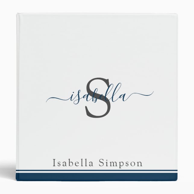 Monogrammed Modern Script Navy Blue Binder (Front)