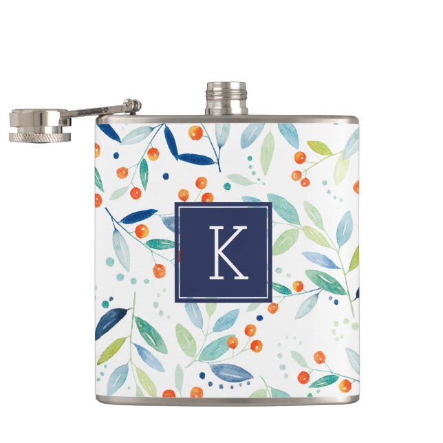 Monogrammed Modern Watercolors Botanical Pattern Hip Flask (Opened)