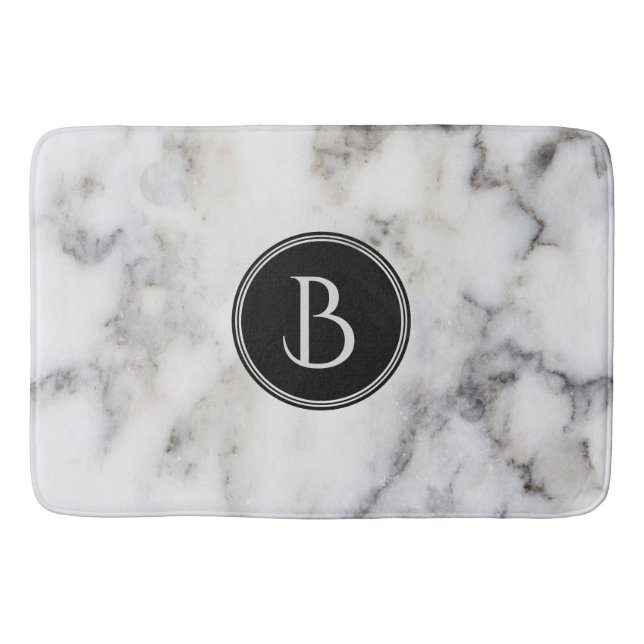 Monogrammed  Modern White & Grey Marble Stone Bath Mat (Front)
