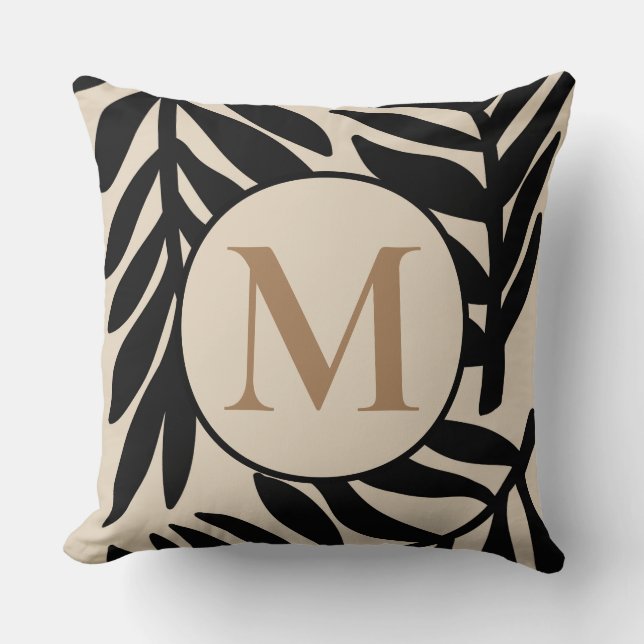 Monogrammed Monochrome Black Palm Leaf Throw Pillow (Front)