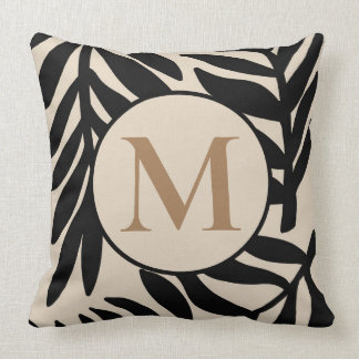 Monogrammed Monochrome Black Palm Leaf Throw Pillow