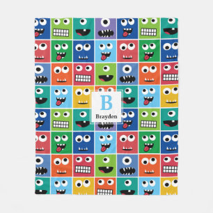 Monogrammed Monster Face Pattern Kids Colourful Fleece Blanket