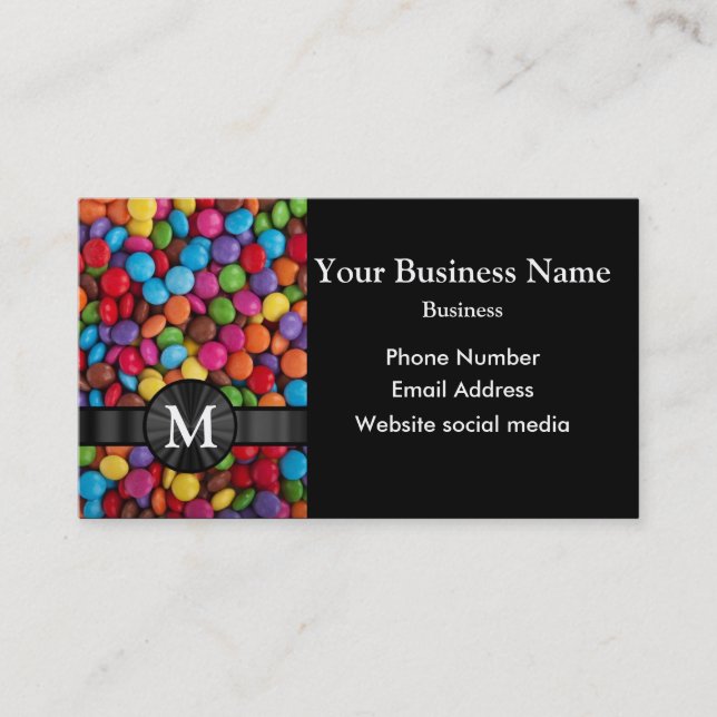 Monogrammed multicolored candy or sweet pattern business card (Front)