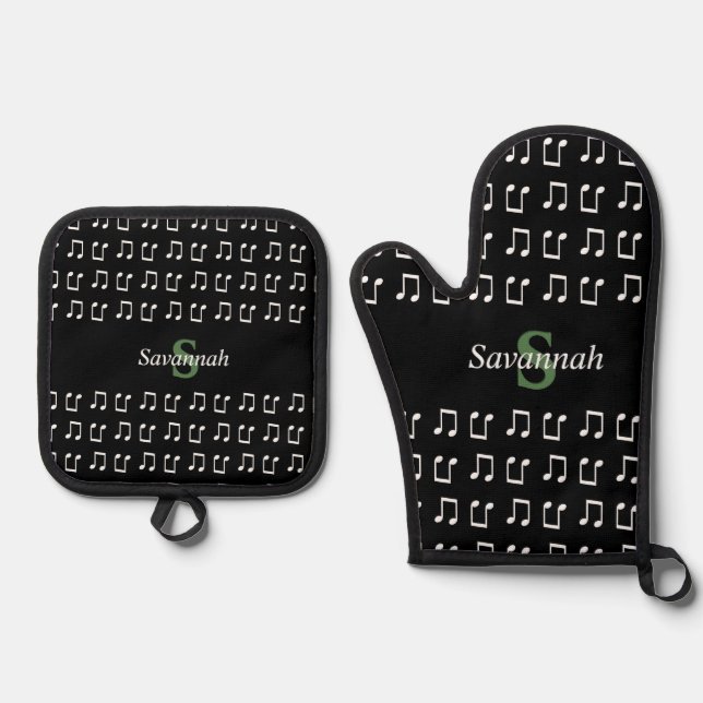 Monogrammed Music Themed Black White Musical Notes Oven Mitt & Pot Holder Set (Front)