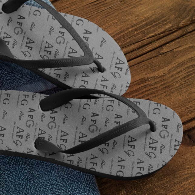 Monogrammed Name All-Over-Print Grey Flip Flops (cool monogram pattern)