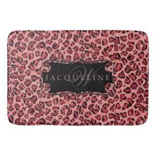 Monogrammed Name Bath Decor Leopard Print Pink Bath Mat