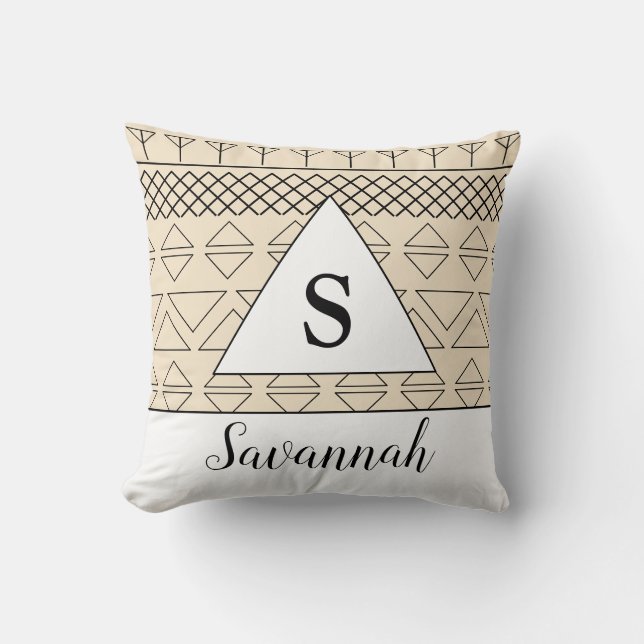 Monogrammed Name Beige  Geometric Pattern Print Throw Pillow (Front)