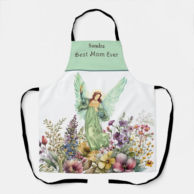 Monogrammed Name Best Mom Ever Floral Flower Angel Apron (Front)