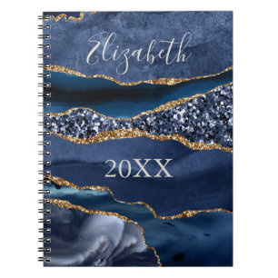 Monogrammed Name Blue Gold Glitter Agate Marble Notebook