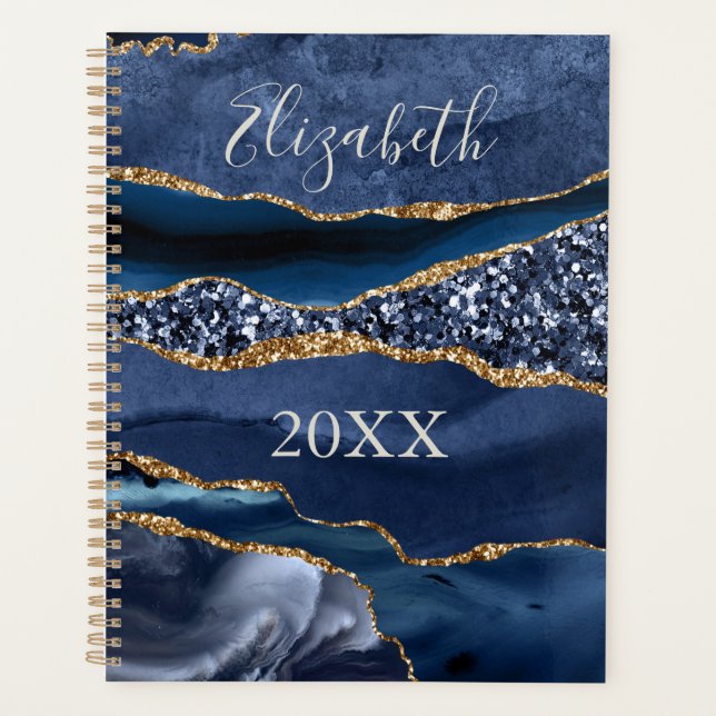 Monogrammed Name Blue Gold Glitter Agate Marble  Planner (Front)