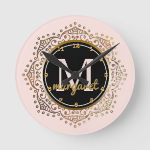 Monogrammed Name Boho Mandala Blush Pink Gold Round Clock