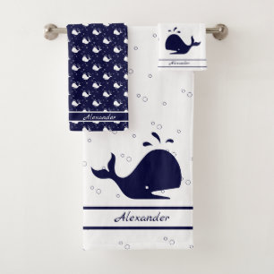 Monogrammed Name Cartoon Whale Navy Blue white  Ba Bath Towel Set