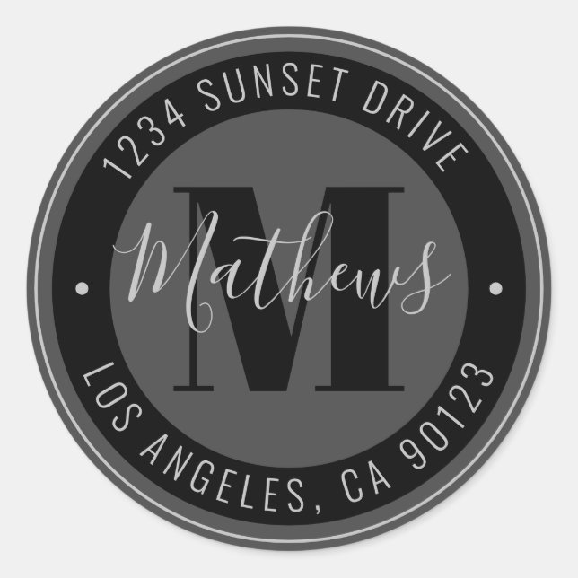 Monogrammed Name & Circular Text | Grey & Black Classic Round Sticker (Front)