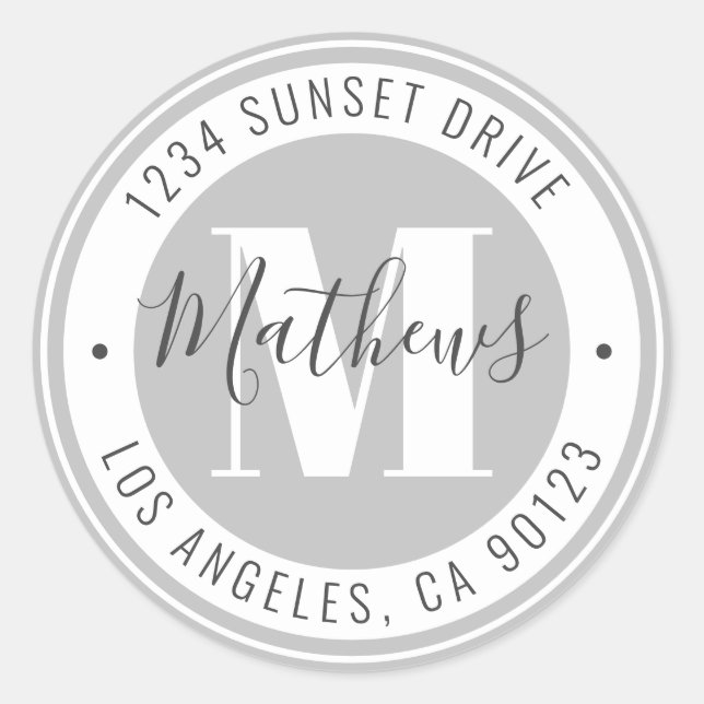 Monogrammed Name & Circular Text | Grey & White Classic Round Sticker (Front)