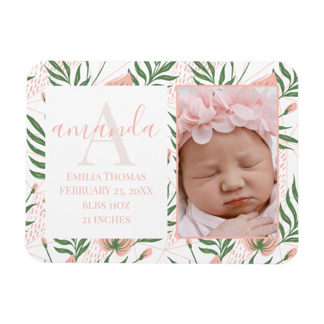 Monogrammed Name Floral Pink Birth Announcement Magnet (Horizontal)