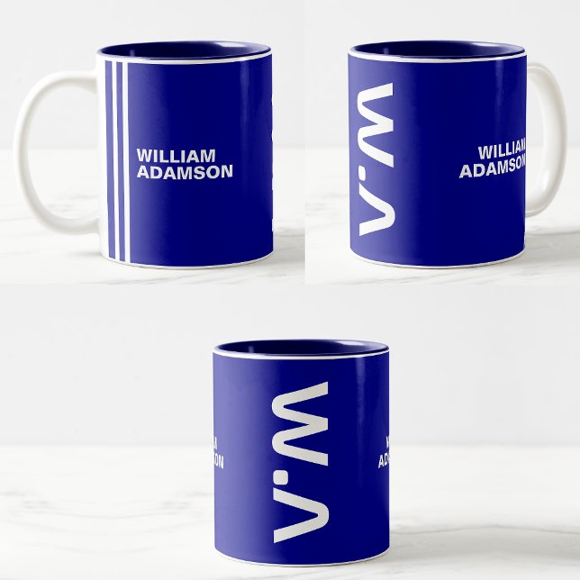 Monogrammed Name For Him | Modern Navy Blue White Two-Tone Coffee Mug (Navy Blue Coffee Mugs)