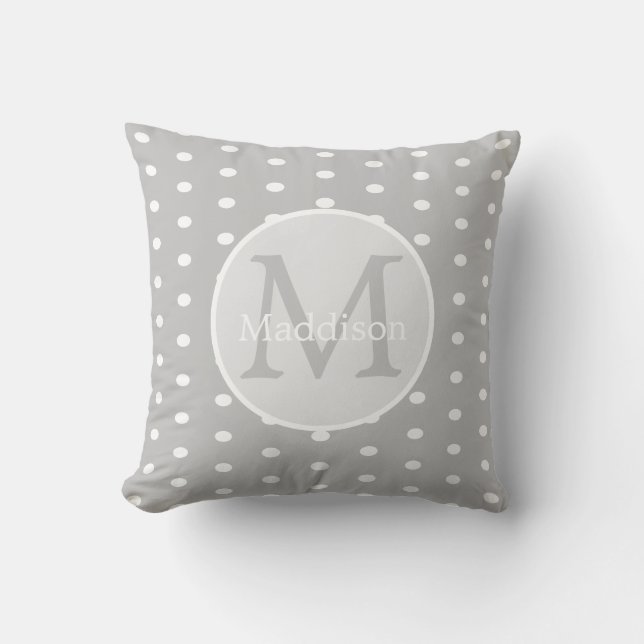 Monogrammed Name Grey White polka dot pattern   Throw Pillow (Front)