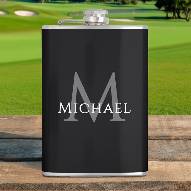 Monogrammed Name Initial Black Gray Custom Hip Flask (Monogrammed Name Initial Black Gray Custom Flask)