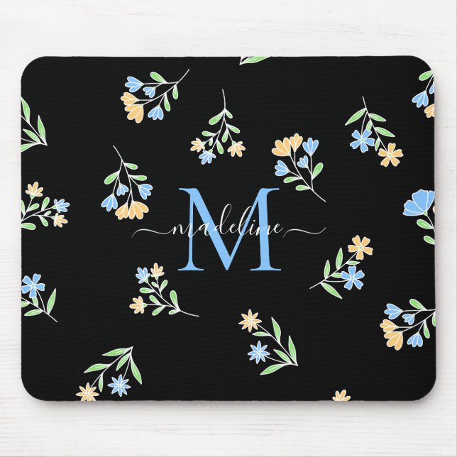 Monogrammed Name & Initial Blue Yellow Mouse Pad (Front)