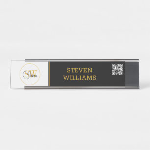 Monogrammed Name & Modern Signature / QR Code Desk Name Plate