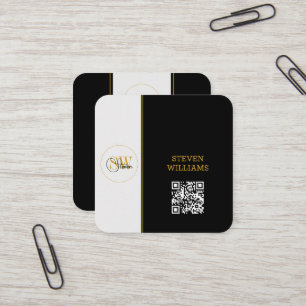 Monogrammed Name & Modern Signature / QR Code Square Business Card