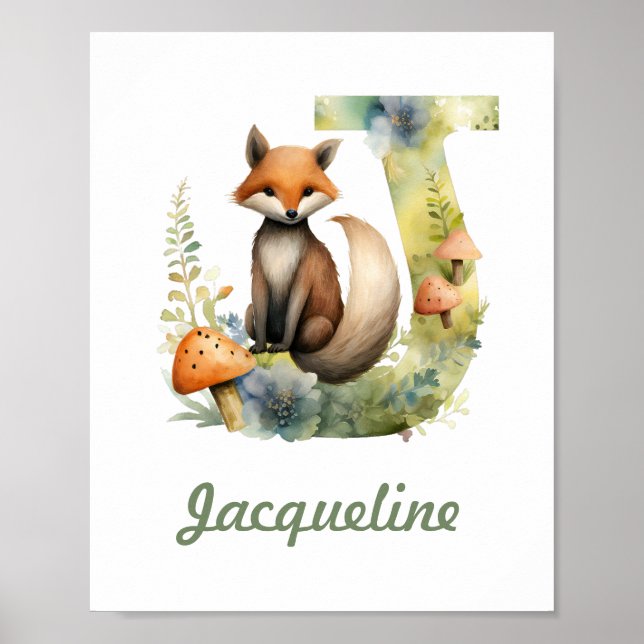 Monogrammed Name Nursery Poster Woodland Letter J (Front)