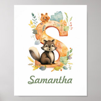 Monogrammed Name Nursery Poster Woodland Letter S