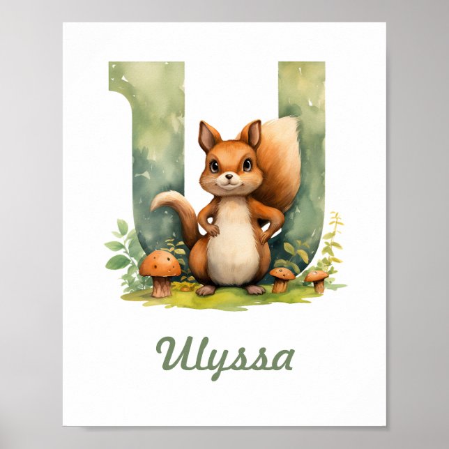 Monogrammed Name Nursery Poster Woodland Letter U (Front)