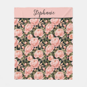 Monogrammed Name Peach Pink Floral Flowers Fleece Blanket