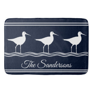 Monogrammed Name Sand Pipers Navy Blue Bath Mat